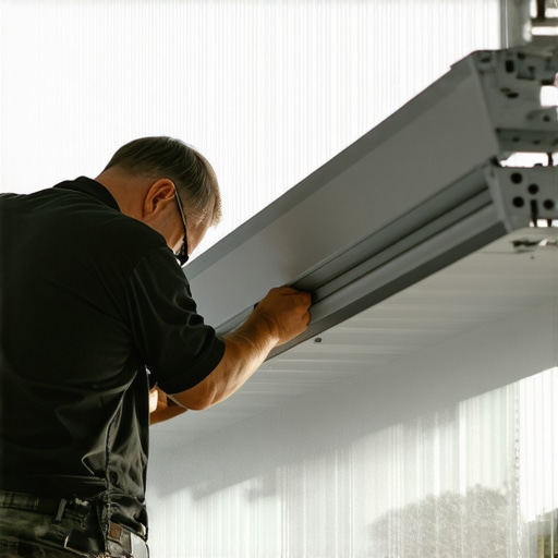 Technician repairing the gear system of a motorized patio shade mechanism