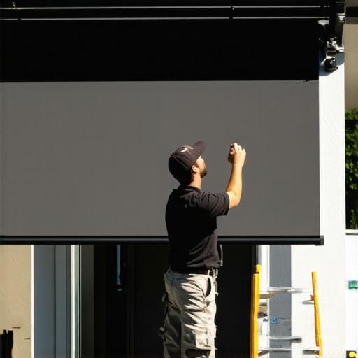 Person installing motorized patio shades on a sunny patio with measuring tools.