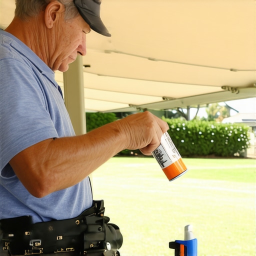 Person lubricating patio shade gear mechanism with silicone spray