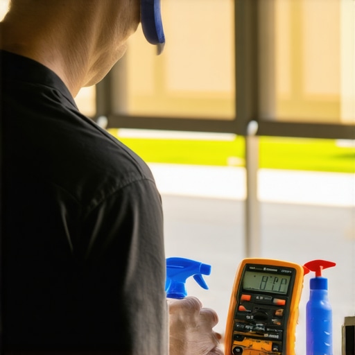 Technician inspecting and cleaning Somfy motorized shades with specialized tools