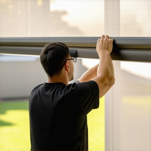 A technician performing maintenance on motorized patio shades using tools in a backyard.