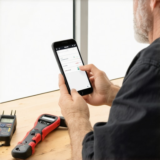 Smart Home Maintenance for Somfy Shades Person calibrating motorized patio shades with a smartphone app, alongside troubleshooting tools.