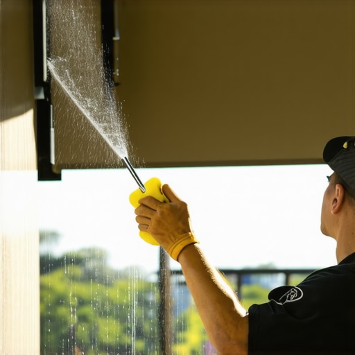 Person carefully cleaning outdoor fabric shades with a soft sponge and gentle spray.