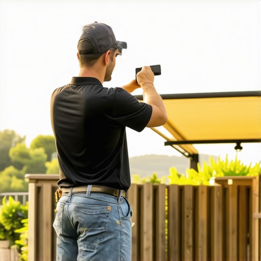 A homeowner connects motorized patio shades to a smart home system outdoors.