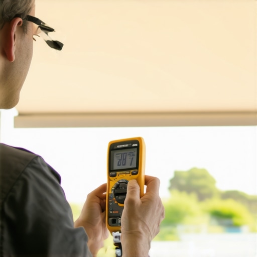 Technician checking electrical components of motorized patio shades with a multimeter in sunlight