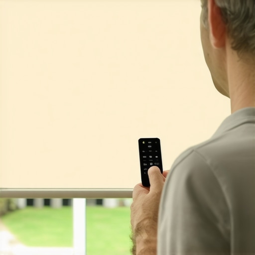 Person adjusting the limit settings on a remote control for motorized patio shades