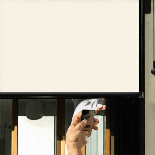 Patio with motorized shades controlled by smartphone in a sunny outdoor setting