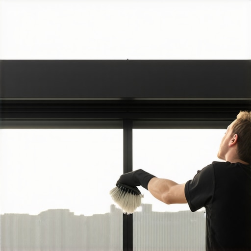 Cleaning motorized patio screen tracks Close-up of a person maintaining motorized patio screen tracks with a brush